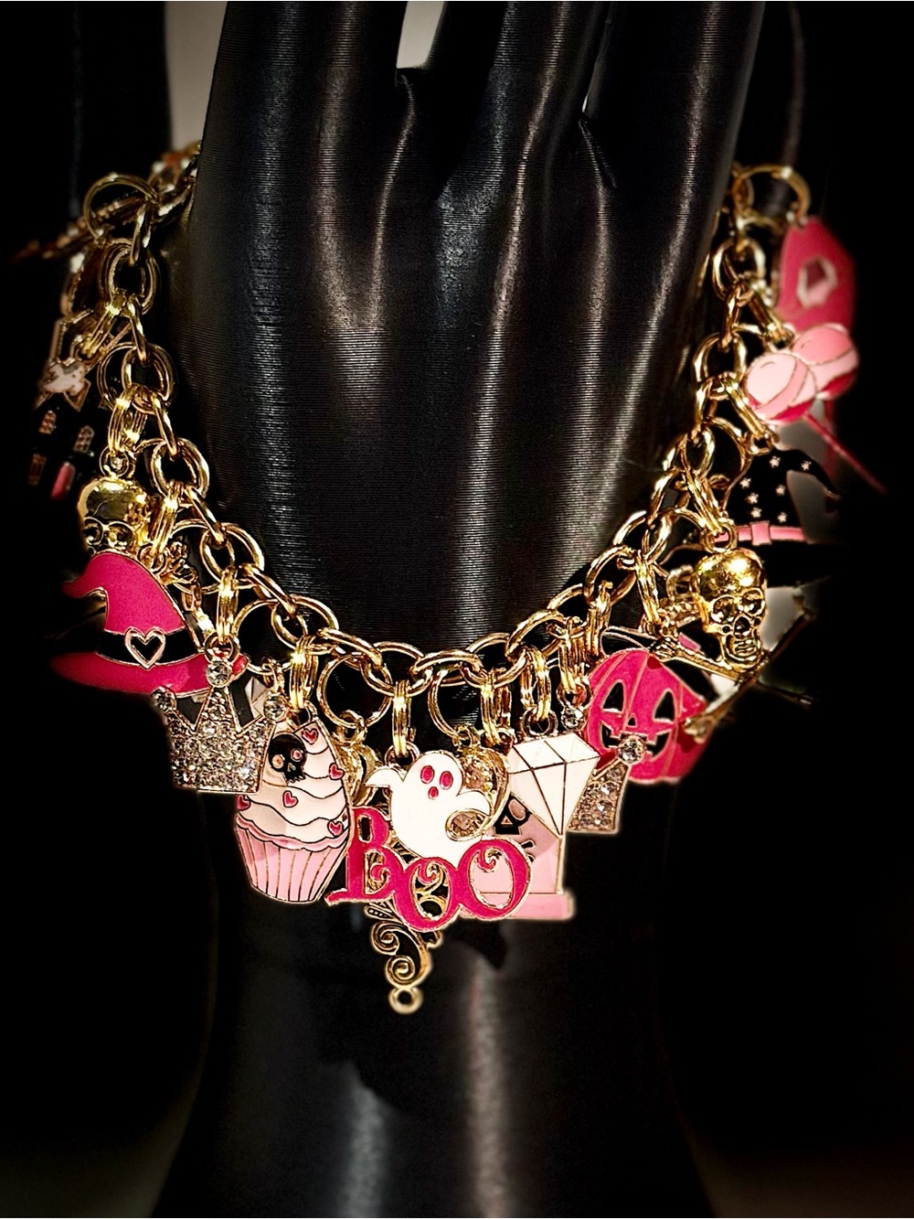 Gold Tone Pink Halloween Charm Bracelet - Boo Ghost Cupcake